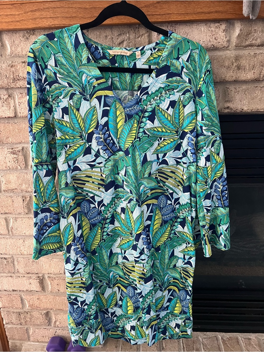 Soft Surroundings Leaf-Print V-Neck Tunic in Green & Blue